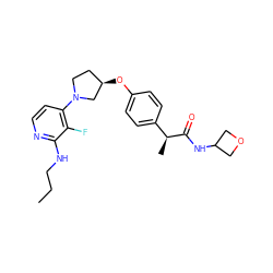 CCCNc1nccc(N2CC[C@@H](Oc3ccc([C@H](C)C(=O)NC4COC4)cc3)C2)c1F ZINC001772602863