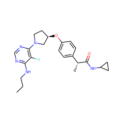 CCCNc1ncnc(N2CC[C@@H](Oc3ccc([C@@H](C)C(=O)NC4CC4)cc3)C2)c1F ZINC001772643279