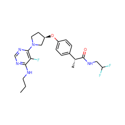 CCCNc1ncnc(N2CC[C@@H](Oc3ccc([C@@H](C)C(=O)NCC(F)F)cc3)C2)c1F ZINC001772570627