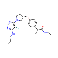 CCCNc1ncnc(N2CC[C@@H](Oc3ccc([C@@H](C)C(=O)NCC)cc3)C2)c1F ZINC001772606406