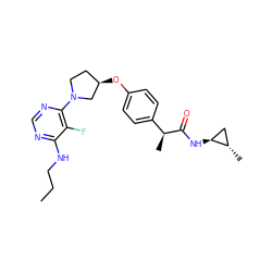 CCCNc1ncnc(N2CC[C@@H](Oc3ccc([C@H](C)C(=O)N[C@H]4C[C@@H]4C)cc3)C2)c1F ZINC001772612664