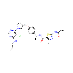 CCCNc1ncnc(N2CC[C@@H](Oc3ccc([C@H](C)NC(=O)c4sc(NC(=O)CC)nc4C)cc3)C2)c1Cl ZINC000261173010