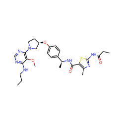 CCCNc1ncnc(N2CC[C@@H](Oc3ccc([C@H](C)NC(=O)c4sc(NC(=O)CC)nc4C)cc3)C2)c1OC ZINC000261121420