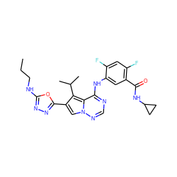 CCCNc1nnc(-c2cn3ncnc(Nc4cc(C(=O)NC5CC5)c(F)cc4F)c3c2C(C)C)o1 ZINC000029128130