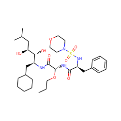 CCCO[C@@H](NC(=O)[C@H](Cc1ccccc1)NS(=O)(=O)N1CCOCC1)C(=O)N[C@@H](CC1CCCCC1)[C@@H](O)[C@@H](O)CC(C)C ZINC000003935279