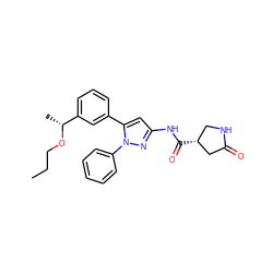 CCCO[C@H](C)c1cccc(-c2cc(NC(=O)[C@@H]3CNC(=O)C3)nn2-c2ccccc2)c1 ZINC000169707317