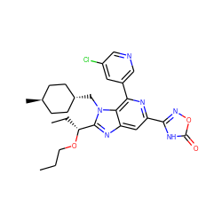 CCCO[C@H](CC)c1nc2cc(-c3noc(=O)[nH]3)nc(-c3cncc(Cl)c3)c2n1C[C@H]1CC[C@H](C)CC1 ZINC000261081203
