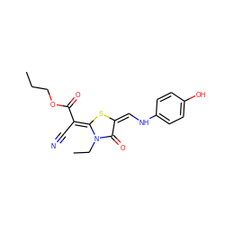 CCCOC(=O)/C(C#N)=c1\s/c(=C/Nc2ccc(O)cc2)c(=O)n1CC ZINC000040917531