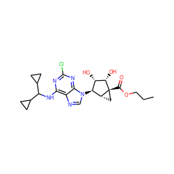 CCCOC(=O)[C@@]12C[C@@H]1[C@@H](n1cnc3c(NC(C4CC4)C4CC4)nc(Cl)nc31)[C@H](O)[C@@H]2O ZINC001772581542