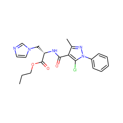 CCCOC(=O)[C@H](Cn1ccnc1)NC(=O)c1c(C)nn(-c2ccccc2)c1Cl ZINC000473085522