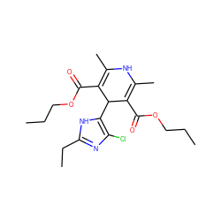 CCCOC(=O)C1=C(C)NC(C)=C(C(=O)OCCC)C1c1[nH]c(CC)nc1Cl ZINC000103291037