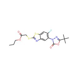 CCCOC(=O)CSc1nc2cc(-n3nc(C(C)(C)C)oc3=O)c(F)cc2s1 ZINC000082148921