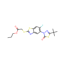 CCCOC(=O)CSc1nc2cc(-n3nc(C(C)(C)C)sc3=O)c(F)cc2s1 ZINC000082148923