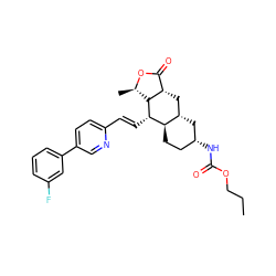 CCCOC(=O)N[C@@H]1CC[C@@H]2[C@@H](C1)C[C@H]1C(=O)O[C@H](C)[C@H]1[C@H]2/C=C/c1ccc(-c2cccc(F)c2)cn1 ZINC000049878755