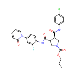 CCCOC(=O)N1C[C@H](C(=O)Nc2ccc(Cl)cc2)[C@@H](C(=O)Nc2ccc(-n3ccccc3=O)cc2F)C1 ZINC000058591901