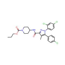 CCCOC(=O)N1CCC(NC(=O)c2nn(-c3ccc(Cl)cc3Cl)c(-c3ccc(Cl)cc3)c2C)CC1 ZINC000653695835