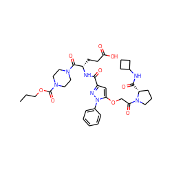 CCCOC(=O)N1CCN(C(=O)[C@H](CCC(=O)O)NC(=O)c2cc(OCC(=O)N3CCC[C@H]3C(=O)NC3CCC3)n(-c3ccccc3)n2)CC1 ZINC000095552303