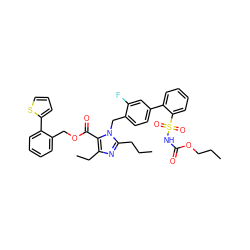 CCCOC(=O)NS(=O)(=O)c1ccccc1-c1ccc(Cn2c(CCC)nc(CC)c2C(=O)OCc2ccccc2-c2cccs2)c(F)c1 ZINC000026295747