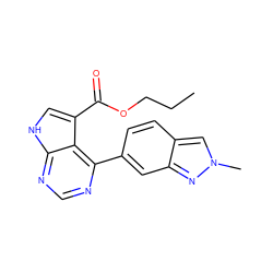 CCCOC(=O)c1c[nH]c2ncnc(-c3ccc4cn(C)nc4c3)c12 ZINC000218981844