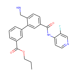 CCCOC(=O)c1cccc(-c2cc(C(=O)Nc3ccncc3F)ccc2CN)c1 ZINC000096286490