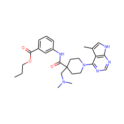 CCCOC(=O)c1cccc(NC(=O)C2(CN(C)C)CCN(c3ncnc4[nH]cc(C)c34)CC2)c1 ZINC000473114962