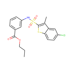 CCCOC(=O)c1cccc(NS(=O)(=O)c2sc3ccc(Cl)cc3c2C)c1 ZINC000114593660