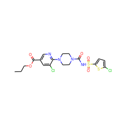 CCCOC(=O)c1cnc(N2CCN(C(=O)NS(=O)(=O)c3ccc(Cl)s3)CC2)c(Cl)c1 ZINC000038270550