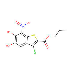 CCCOC(=O)c1sc2c([N+](=O)[O-])c(O)c(O)cc2c1Cl ZINC000049066838