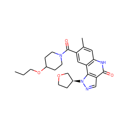 CCCOC1CCN(C(=O)c2cc3c(cc2C)[nH]c(=O)c2cnn([C@H]4CCOC4)c23)CC1 ZINC000261134958