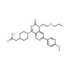 CCCOCCn1c(=O)nc(N2CCC(CC(=O)O)CC2)c2nnc(-c3ccc(OC)nc3)cc21 ZINC000073165621