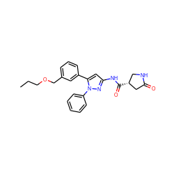 CCCOCc1cccc(-c2cc(NC(=O)[C@@H]3CNC(=O)C3)nn2-c2ccccc2)c1 ZINC000169707213