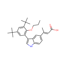 CCCOc1c(-c2c[nH]c3ccc(/C(C)=C/C(=O)O)cc23)cc(C(C)(C)C)cc1C(C)(C)C ZINC000026663021