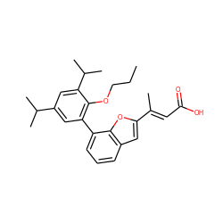 CCCOc1c(-c2cccc3cc(/C(C)=C/C(=O)O)oc23)cc(C(C)C)cc1C(C)C ZINC000029345012