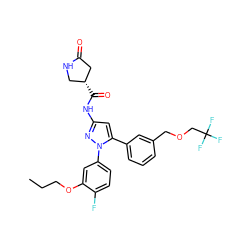 CCCOc1cc(-n2nc(NC(=O)[C@@H]3CNC(=O)C3)cc2-c2cccc(COCC(F)(F)F)c2)ccc1F ZINC000169707336