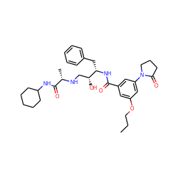 CCCOc1cc(C(=O)N[C@@H](Cc2ccccc2)[C@H](O)CN[C@@H](C)C(=O)NC2CCCCC2)cc(N2CCCC2=O)c1 ZINC000029128287