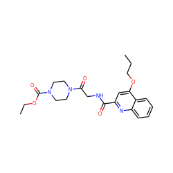 CCCOc1cc(C(=O)NCC(=O)N2CCN(C(=O)OCC)CC2)nc2ccccc12 ZINC000141593073