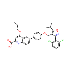 CCCOc1cc(C(=O)O)nc2ccc(-c3ccc(OCc4c(-c5c(Cl)cccc5Cl)noc4C(C)C)cc3)cc12 ZINC000066066575