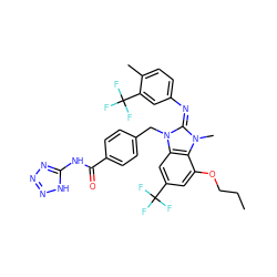 CCCOc1cc(C(F)(F)F)cc2c1n(C)/c(=N/c1ccc(C)c(C(F)(F)F)c1)n2Cc1ccc(C(=O)Nc2nnn[nH]2)cc1 ZINC000150548743