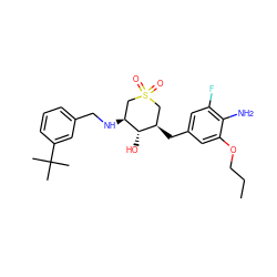 CCCOc1cc(C[C@@H]2CS(=O)(=O)C[C@H](NCc3cccc(C(C)(C)C)c3)[C@H]2O)cc(F)c1N ZINC000059048665