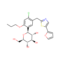 CCCOc1cc(Cl)c(Cc2ncc(-c3ccco3)s2)cc1[C@@H]1O[C@H](CO)[C@@H](O)[C@H](O)[C@H]1O ZINC000071282464