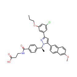 CCCOc1cc(Cl)cc(-c2cc(-c3ccc4cc(OC)ccc4c3)n([C@@H](C)c3ccc(C(=O)NCCC(=O)O)cc3)n2)c1 ZINC000095087836