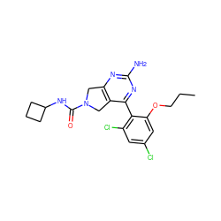 CCCOc1cc(Cl)cc(Cl)c1-c1nc(N)nc2c1CN(C(=O)NC1CCC1)C2 ZINC000071316121