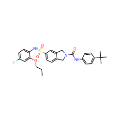 CCCOc1cc(F)ccc1NS(=O)(=O)c1ccc2c(c1)CN(C(=O)Nc1ccc(C(C)(C)C)cc1)C2 ZINC000220177535