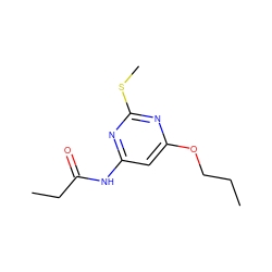 CCCOc1cc(NC(=O)CC)nc(SC)n1 ZINC000014975596