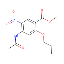 CCCOc1cc(NC(C)=O)c([N+](=O)[O-])cc1C(=O)OC ZINC000040845107