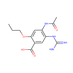 CCCOc1cc(NC(C)=O)c(NC(=N)N)cc1C(=O)O ZINC000040952750