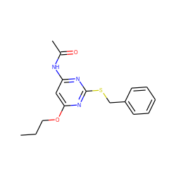 CCCOc1cc(NC(C)=O)nc(SCc2ccccc2)n1 ZINC000014975609