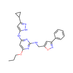 CCCOc1cc(Nc2cc(C3CC3)n[nH]2)nc(NCc2cc(-c3ccccc3)no2)n1 ZINC000034630751