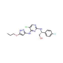 CCCOc1cc(Nc2nc(N[C@@H](CO)c3ccc(F)cc3)ncc2Cl)n[nH]1 ZINC000040863593