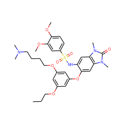 CCCOc1cc(OCCCCN(C)C)cc(Oc2cc3c(cc2NS(=O)(=O)c2ccc(OC)c(OC)c2)n(C)c(=O)n3C)c1 ZINC000263620539